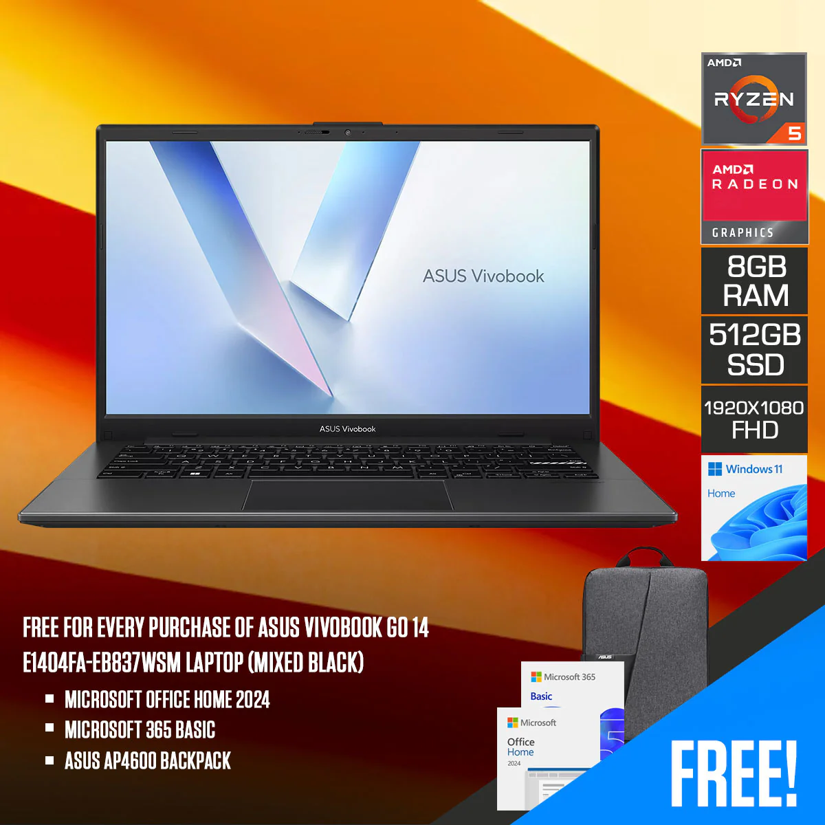 Asus Vivobook Go 14 E1404FA-EB837WSM Laptop (Mixed Black) | 14" FHD (1920x1080) | Ryzen 5 7520U | 8GB RAM | 512GB SSD | AMD Radeon Graphics | Windows 11 Home | Microsoft Office Home 2024 + Microsoft 365 Basic + Asus AP4600 Backpack