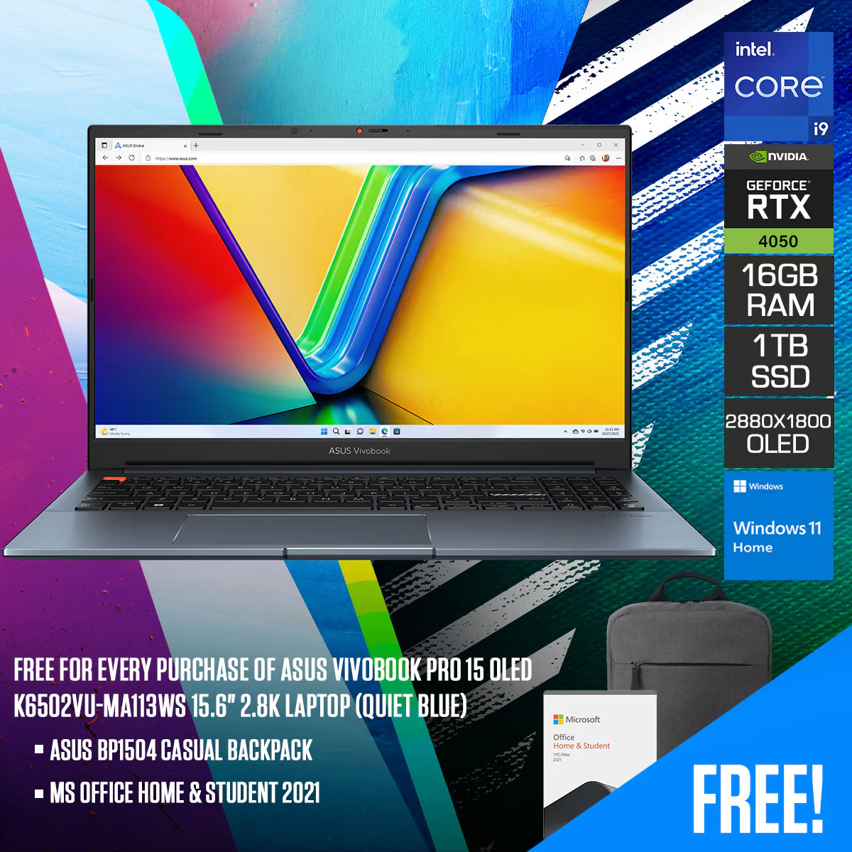 Asus Vivobook Pro 15 OLED K6502VU-MA113WS Laptop (Quiet Blue) | 15.6" 2.8K (2880 x 1800) OLED | i9-13900H | 16GB RAM | RTX 4050 |  1TB SSD | Windows 11 Home | MS Office H&S 2021 | Asus BP1504 Casual Backpack
