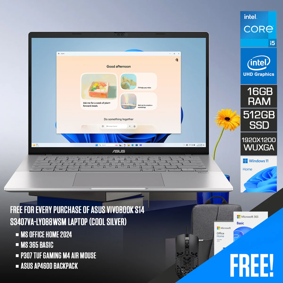 Asus Vivobook S14 S3407VA-LY088WSM Laptop (Cool Silver) | 14" WUXGA (1920x1200) IPS | Core 5 210H | 16GB RAM | 512GB SSD | Intel UHD Graphics | Windows 11 Home | MS Office Home 2024 + MS 365 Basic + P307 TUF Gaming M4 Air Mouse + Asus AP4600 Backpack