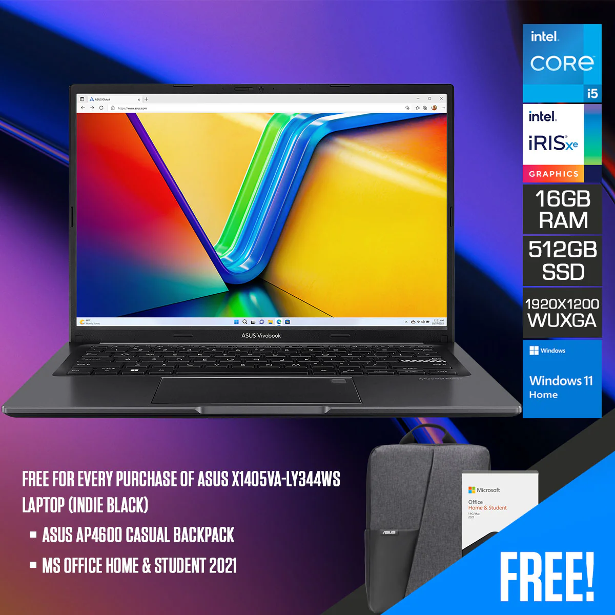 Asus X1405VA-LY344WS Laptop (Indie Black) | 14" WUXGA 16:10 IPS | i5-13500H | 16GB RAM |  512GB SSD | Iris XE | Windows 11 Home | MS Office Home & Student 2021 | AP4600 Backpack