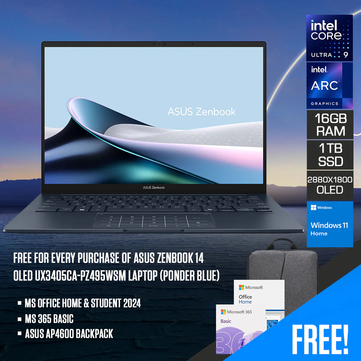Asus Zenbook 14 OLED UX3405CA-PZ495WSM Laptop (Ponder Blue) | 14" 3K (2880x1800) 120Hz | Ultra 9 285H | 16GB RAM | 1TB SSD | Intel Arc Graphics | Windows 11 Home | MS Office Home & Student 2024 + MS 365 Basic + Asus AP4600 Backpack