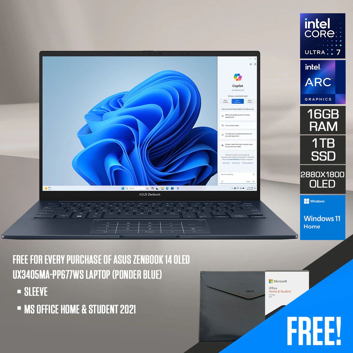 Asus Zenbook 14 OLED UX3405MA-PP677WS Laptop (Ponder Blue) | 14" 3K (2880x1800) OLED 120Hz | i7-Ultra 155H | 16GB RAM | 1TB SSD | Intel Arc | Windows 11 Home | MS Office Home & Student 2021 | Sleeve