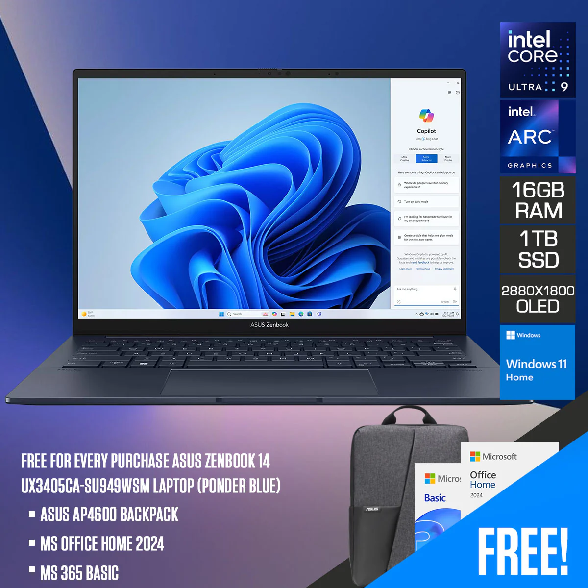 ASUS Zenbook 14 UX3405CA-SU949WSM Laptop (Ponder Blue) | 14" 3K (2880x1800) OLED | Core Ultra 9 285H | 16GB RAM | 1TB SSD | Intel Arc Graphics | Windows 11 Home | MS Office Home 2024 + MS 365 Basic + ASUS AP4600 Backpack