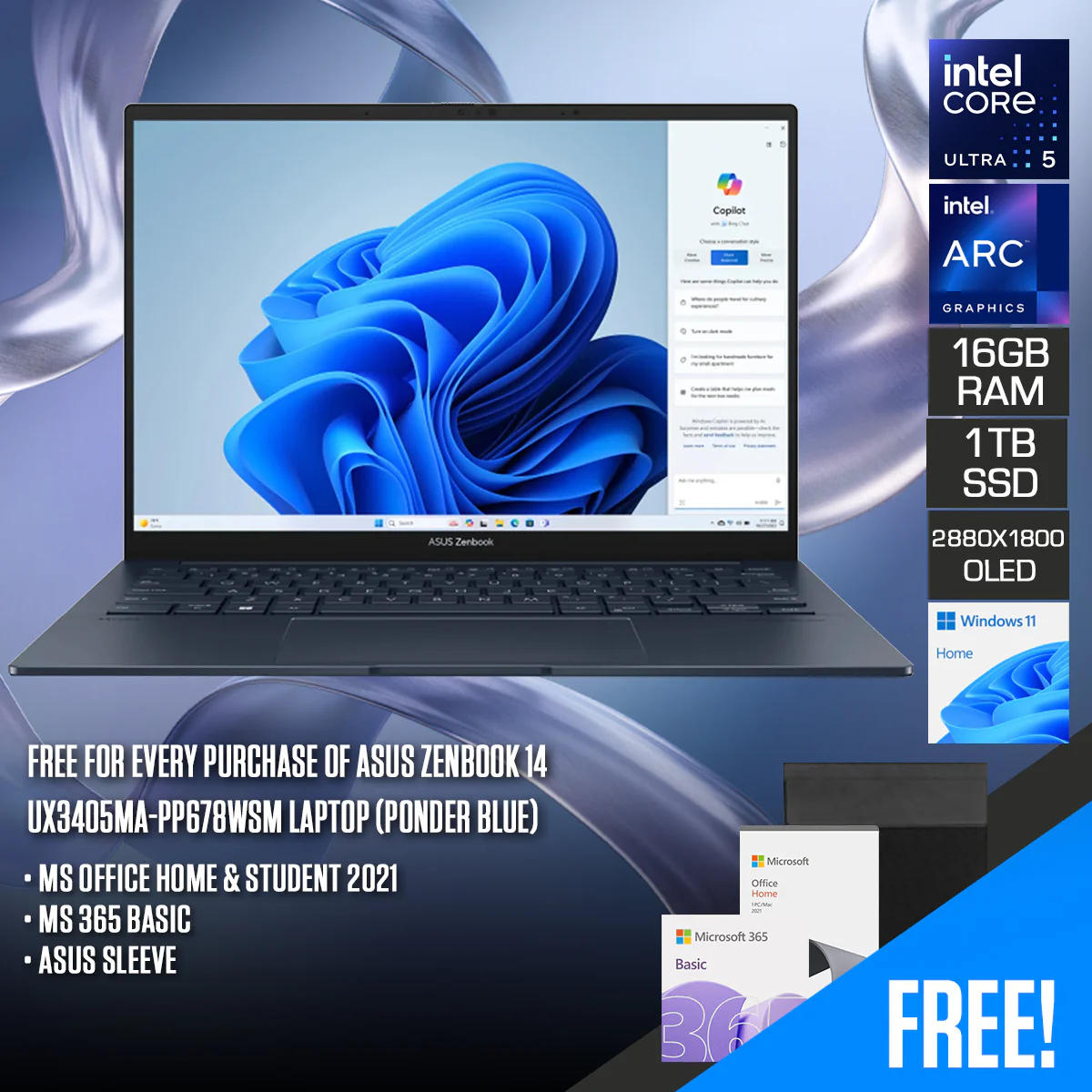Asus Zenbook 14 UX3405MA-PP678WSM Laptop (Ponder Blue) | 14" 3K (2880x1800) OLED 120Hz | Ultra 5 125H | 16GB RAM | 1TB SSD | Intel Arc Graphics | Windows 11 Home | MS Office Home & Student 2021 + MS 365 Basic + Asus Sleeve