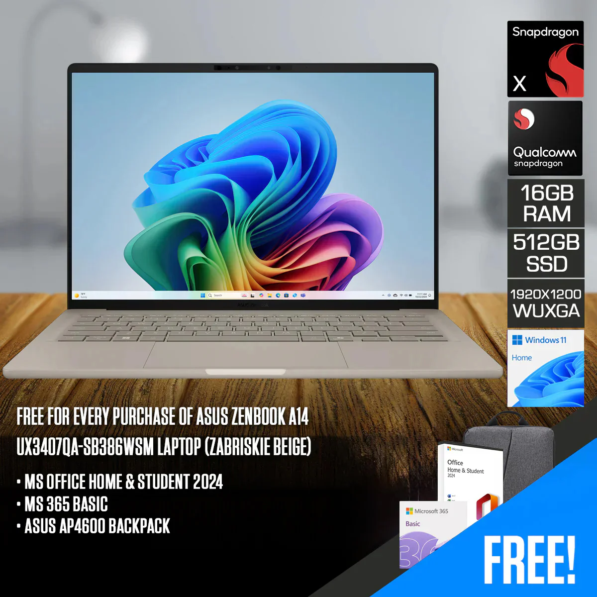 Asus Zenbook A14 UX3407QA-SB386WSM Laptop (Zabriskie Beige) | 14 WUXGA (1920x1200) | Snapdragon X X1 26 100 | 16GB RAM | 512GB SSD | Qualcomm Adreno GPU | Windows 11 Home | MS Office Home 2024 + MS 365 Basic + Asus AP4600 Backpack