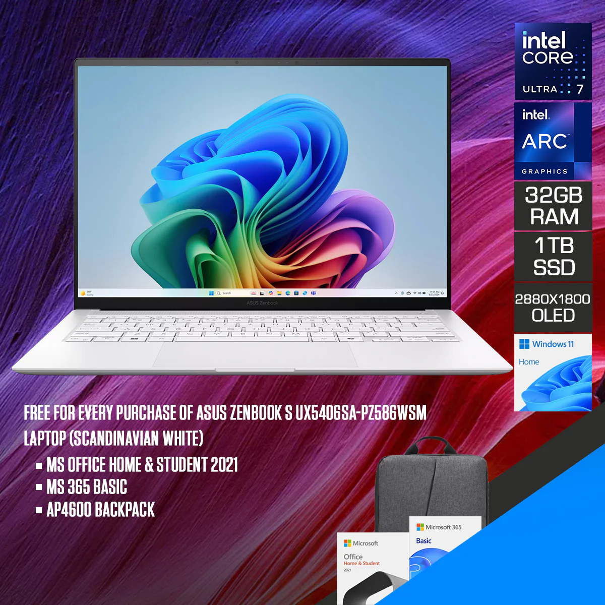Asus Zenbook S UX5406SA-PZ586WSM Laptop (Scandinavian White) | 14" 3K (2880x1800) OLED | Ultra 7 258V | 32GB RAM | 1TB SSD | Intel Arc Graphics | Windows 11 Home + MS Office Home & Student 2021 + MS 365 Basic + AP4600 Backpack