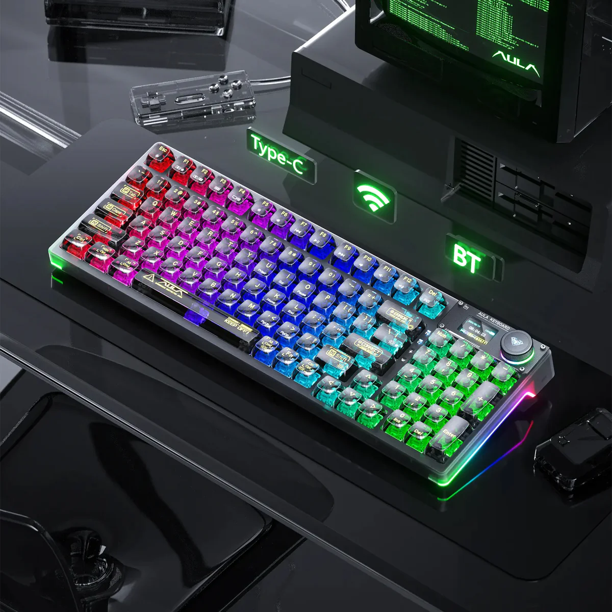 Aula F98 Pro Wireless & Bluetooth 99 Keys 3-In-1 Hot-Swappable Mechanical Keyboard (Black) - Image 2