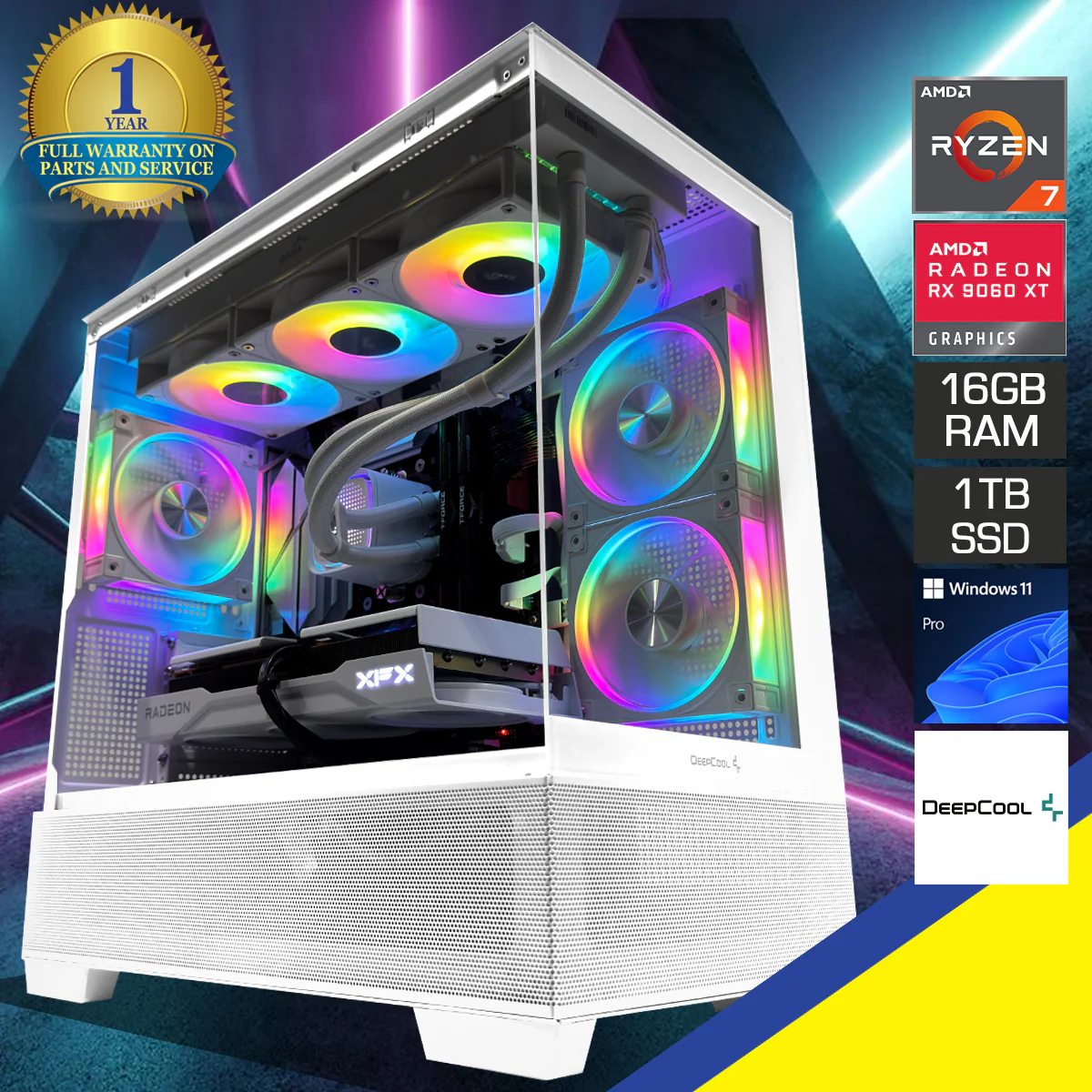 Aurora CG380F White Gaming PC Desktop Gaming PC | AMD Ryzen 7 8700F | 16GB (2x8GB) RAM | 1TB SSD | RX 9060 XT | Windows 11 Pro