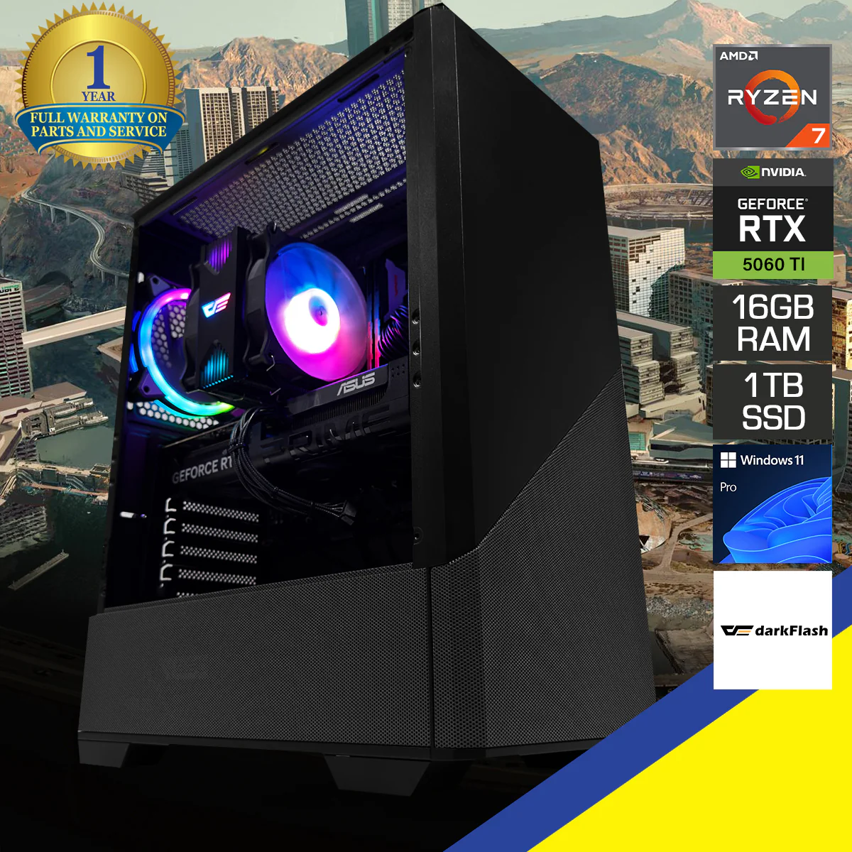 Aurora DLC 31 Gray Desktop Gaming PC | AMD Ryzen 7 7700 | 16GB (2x8GB) RAM | 1TB SSD | RTX 5060 Ti | Windows 11 Pro