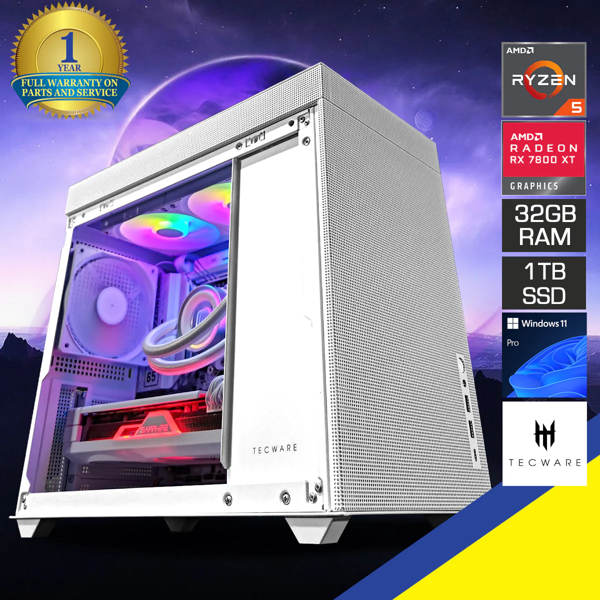Aurora Fusion 2 White Desktop Gaming PC | AMD Ryzen 5 7600 | 32GB RAM | 1TB SSD | RX 7800 XT | Windows 11 Pro