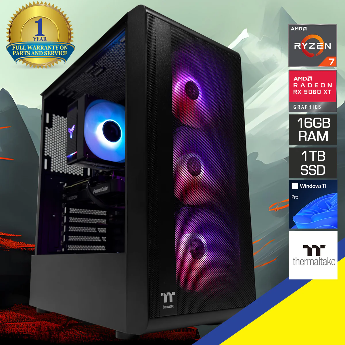 Aurora S200 TG Black Desktop Gaming PC | AMD Ryzen 7 8700F | 16GB (2x8GB) RAM | 1TB SSD | RX 9060XT | Windows 11 Pro