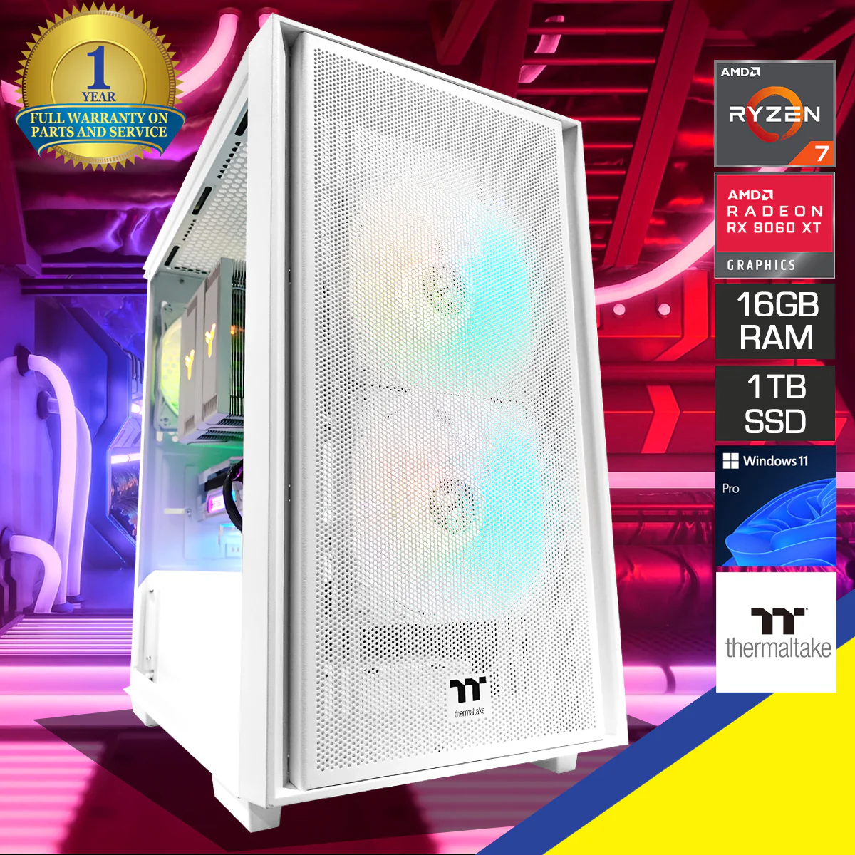 Aurora Versa Snow White Desktop Gaming PC | AMD Ryzen 7 8700F | 16GB (2X8GB) RAM | 1TB SSD | RX 9060 XT  | Windows 11 Pro