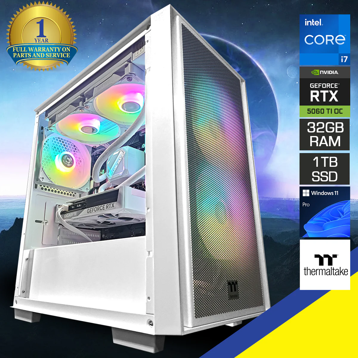 Aurora Versa White Desktop Gaming PC | Intel i7 12700 | 32GB RAM | 1TB SSD | with WiFi + Bluetooth | GeForce RTX 5060 Ti OC | Windows 11 Pro