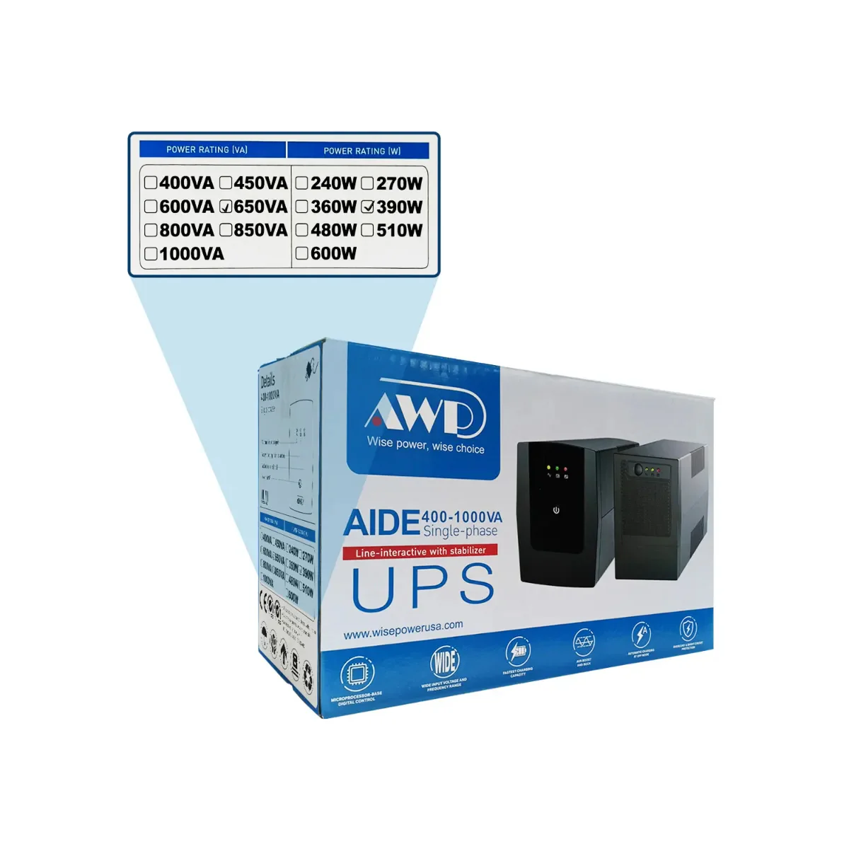 AWP Aide Single-Phase 650VA 390W Line-Interactive UPS with Stabilizer - Image 4