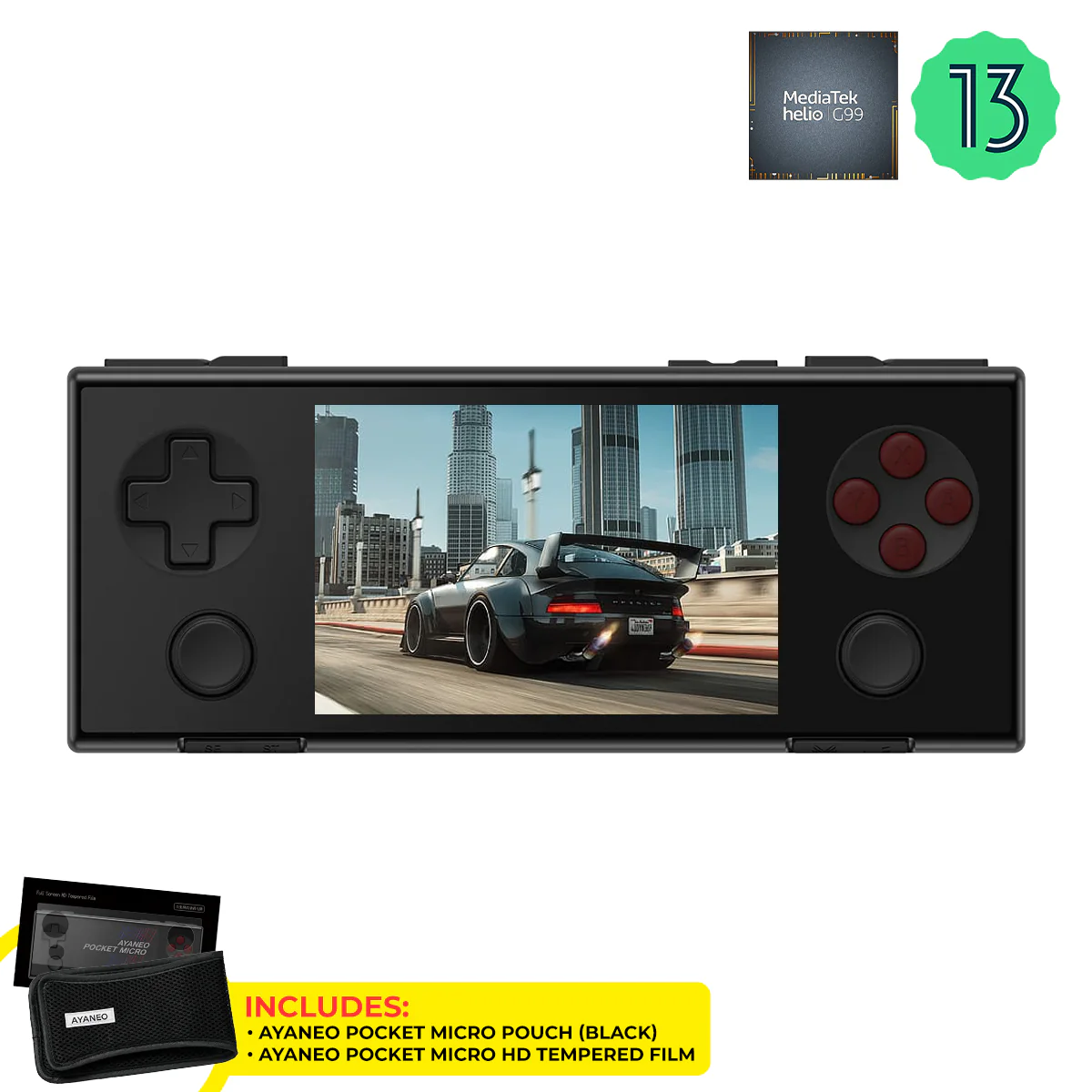 Ayaneo Pocket Micro MediaTek Helio G99 6GB + 128GB 3.5" Borderless IPS Screen Handheld Gaming Console (Magic Black) + Ayaneo Pocket Micro Pouch (Black) + Ayaneo Pocket Micro HD Tempered Film
