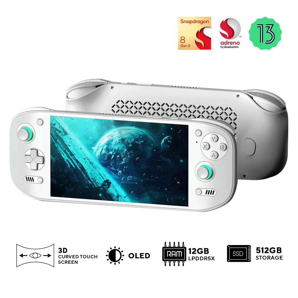 AYN Odin 2 Portal Pro Snapdragon 8gen2 Processor 7" 1080P 120Hz OLED 3D Curved Touch Screen 12GB RAM + 512GB SSD Android 13 Handheld Gaming Console (White)