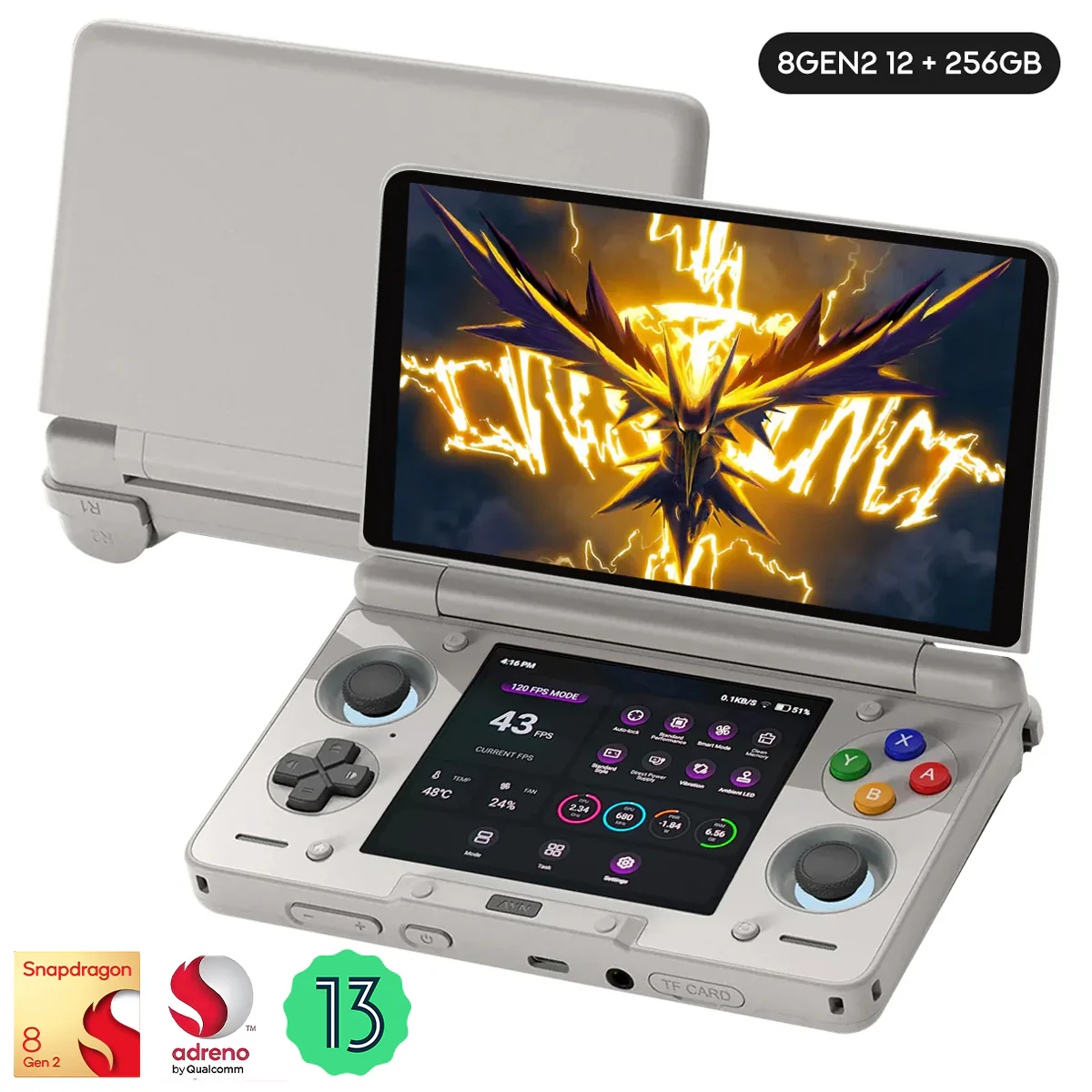 AYN Thor Pro Qualcomm Snapdragon CPU 6" AMOLED Touch Screen (1080x1920) 120Hz + 3.92" AMOLED Touch Display (1080x1240) 60Hz 8Gen2 12GB RAM + 256GB SSD Android 13 Gaming Handheld (Rainbow)
