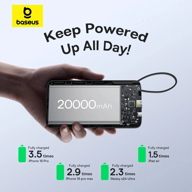 Baseus Bipow 2 Power Bank 20000mAh 20W with USB-C Cable (Cluster Black) (P10077101113-01) - Image 7