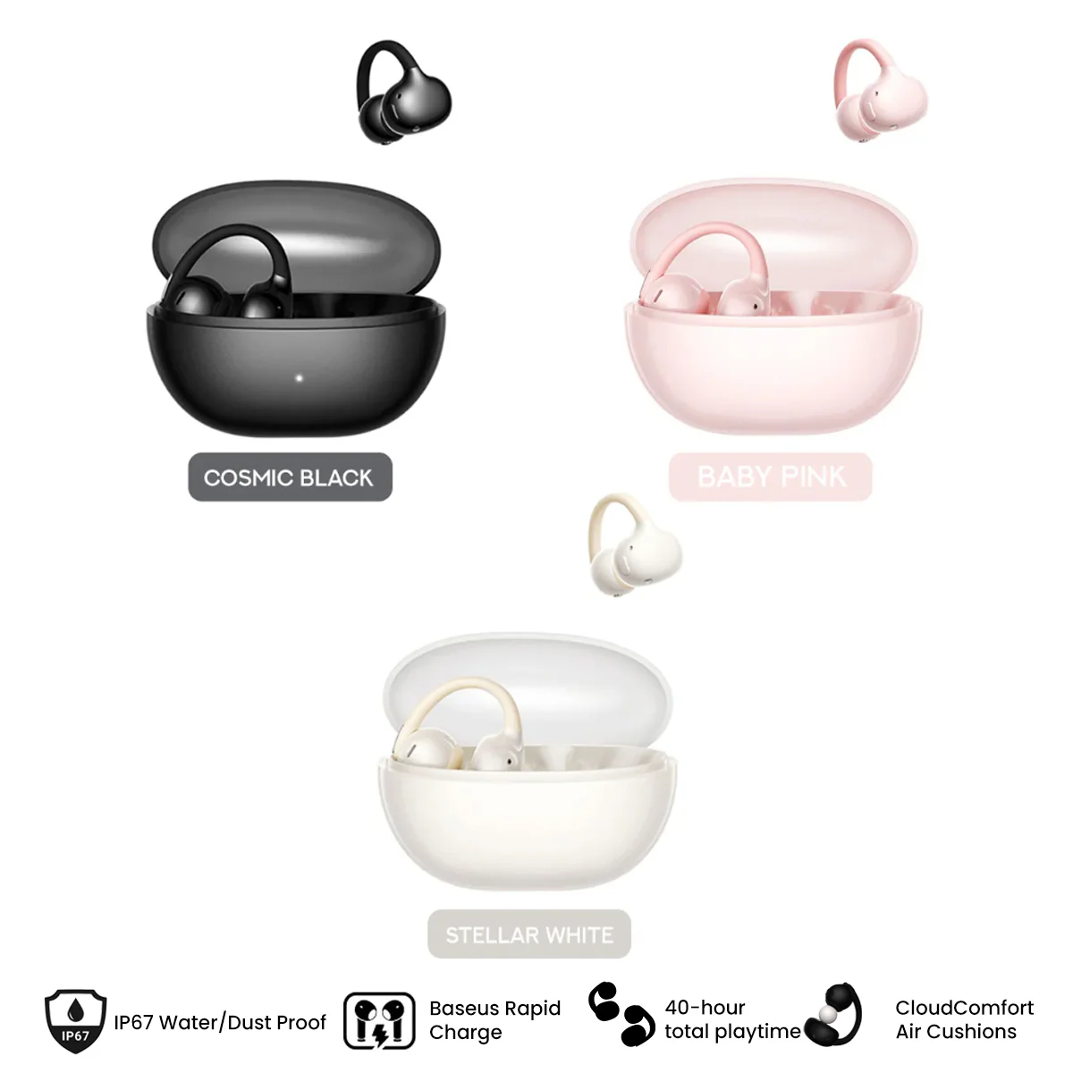 Baseus Bowie MC2 Air Open-Ear True Wireless Earbuds (Stellar White, Cosmic Black, Baby Pink) (A0102A03, A0102A04, A0102A05)