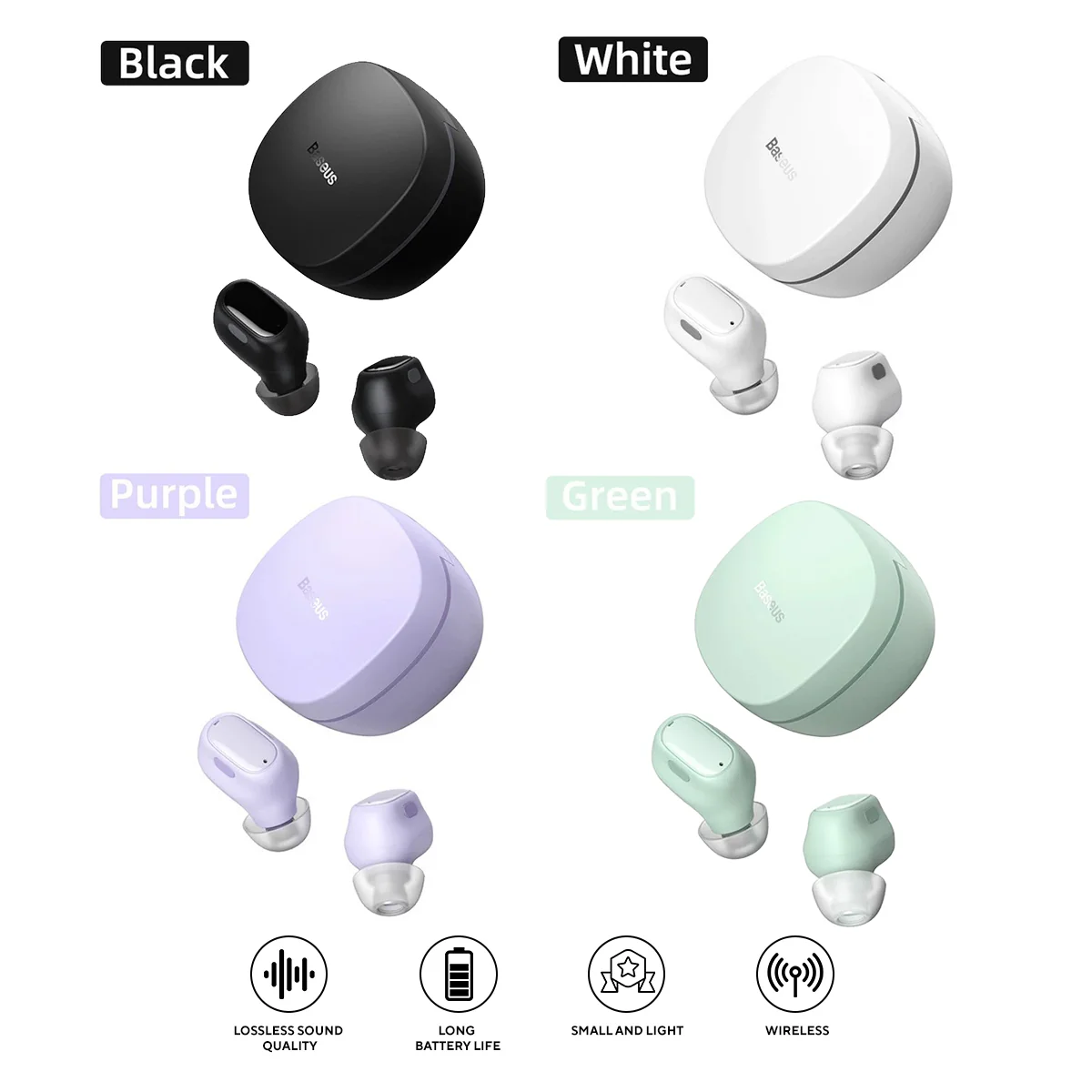 Baseus Bowie WM01 Mini In-ear True Wireless Earphone (Black, White, Purple, Green) (NGTW370001, NGTW370002, NGTW370005, NGTW370006)