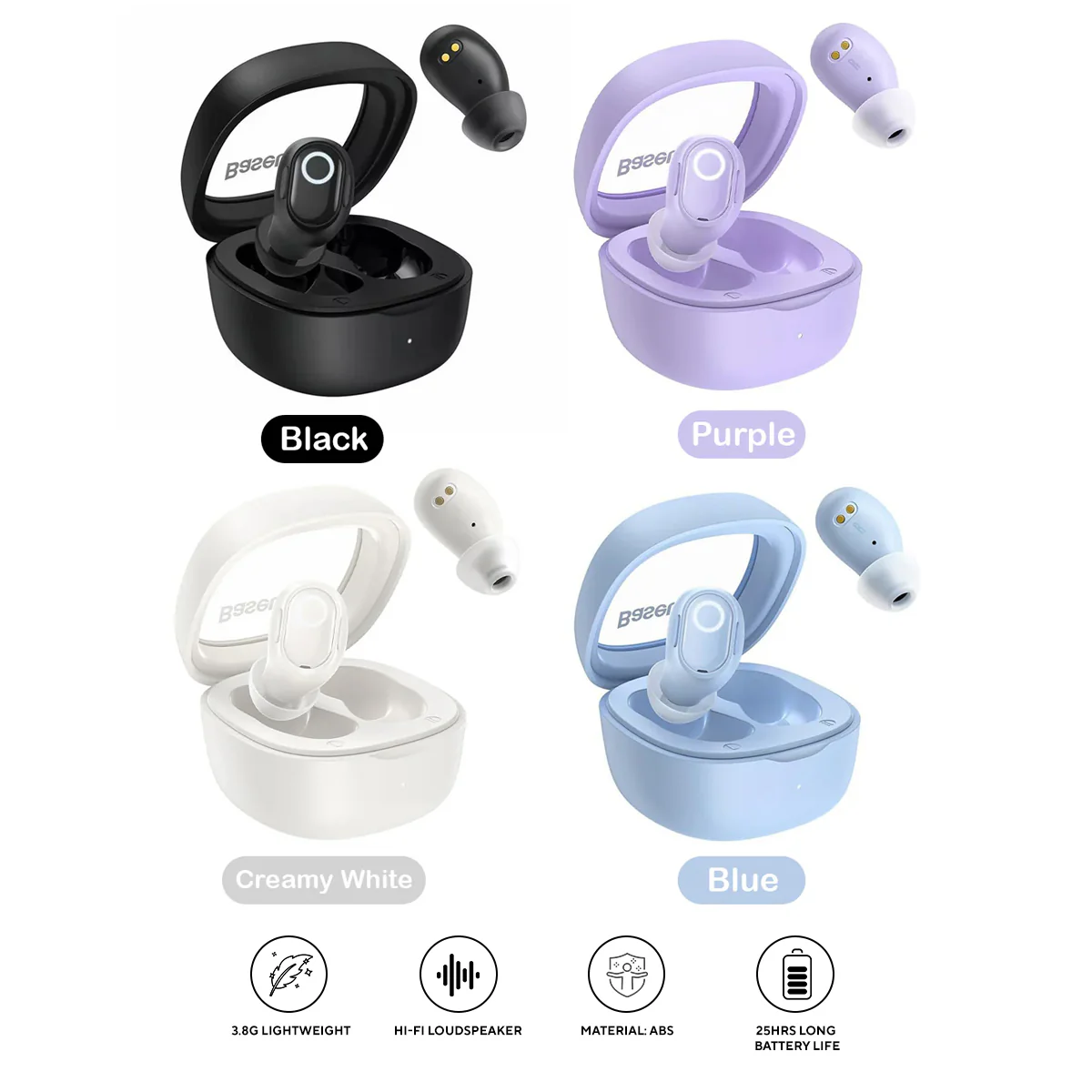 Baseus Bowie WM02 Mini In-ear True Wireless Earphone (Black, Creamy White, Blue, Purple) (NGTW370201, NGTW370202, NGTW370203, NGTW370205)