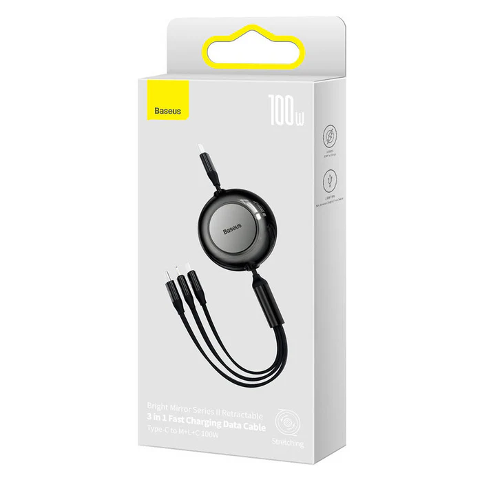 Baseus Bright Mirror 2 Series Retractable Cable 100W 3-Port Fast Charging Data Cable USB-C to USB-C + Lightning + Micro 1.1m (Black) (CAMJ010201) - Image 9