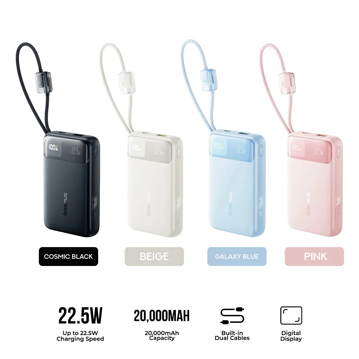 Baseus EnerFill FC11 Digital Display Power Bank with Dual Built-in Cables 20000mAh 22.5W (Cosmic Black, Beige, Galaxy Blue, Baby Pink) (E0027S04, E0027S05, E0027S06, E0027S07)