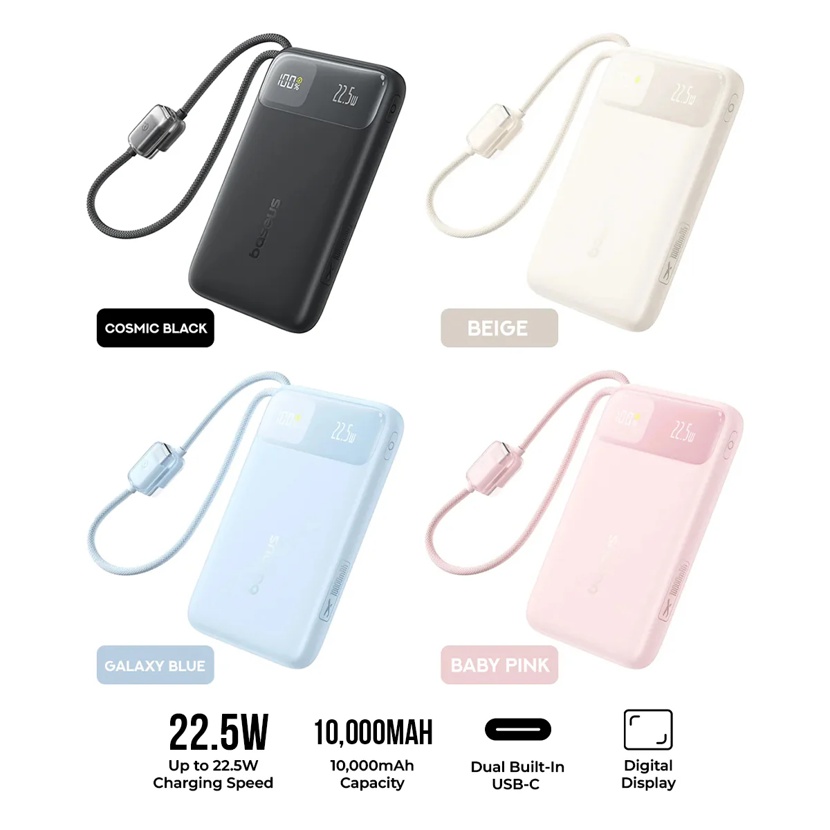 Baseus EnerFill FC11 Digital Display Power Bank with Dual Built-In USB-C Cables 10000mAh 22.5W (Cosmic Black, Beige, Galaxy Blue, Baby Pink)