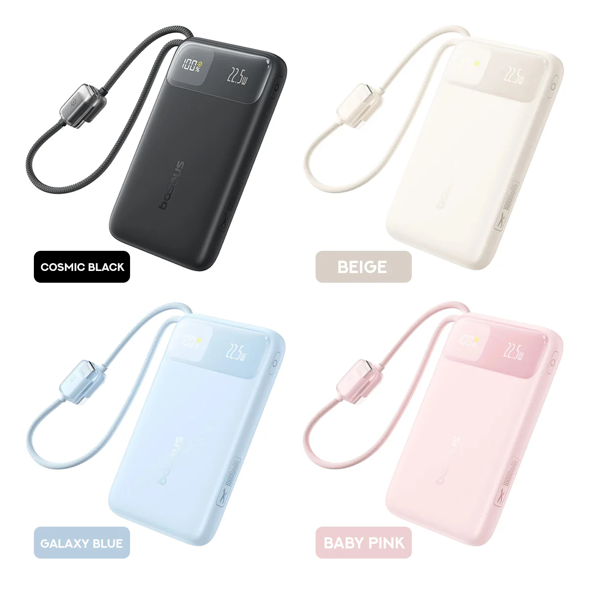Baseus EnerFill FC11 Digital Display Power Bank with Dual Built-In USB-C Cables 10000mAh 22.5W (Cosmic Black, Beige, Galaxy Blue, Baby Pink) - Image 12