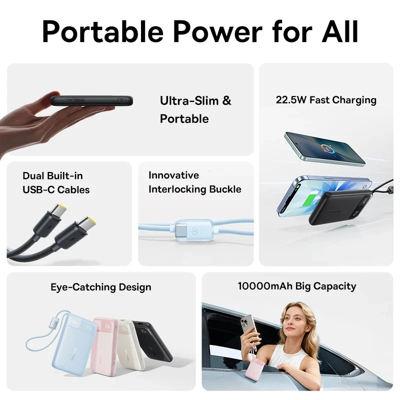 Baseus EnerFill FC11 Digital Display Power Bank with Dual Built-In USB-C Cables 10000mAh 22.5W (Cosmic Black, Beige, Galaxy Blue, Baby Pink) - Image 3