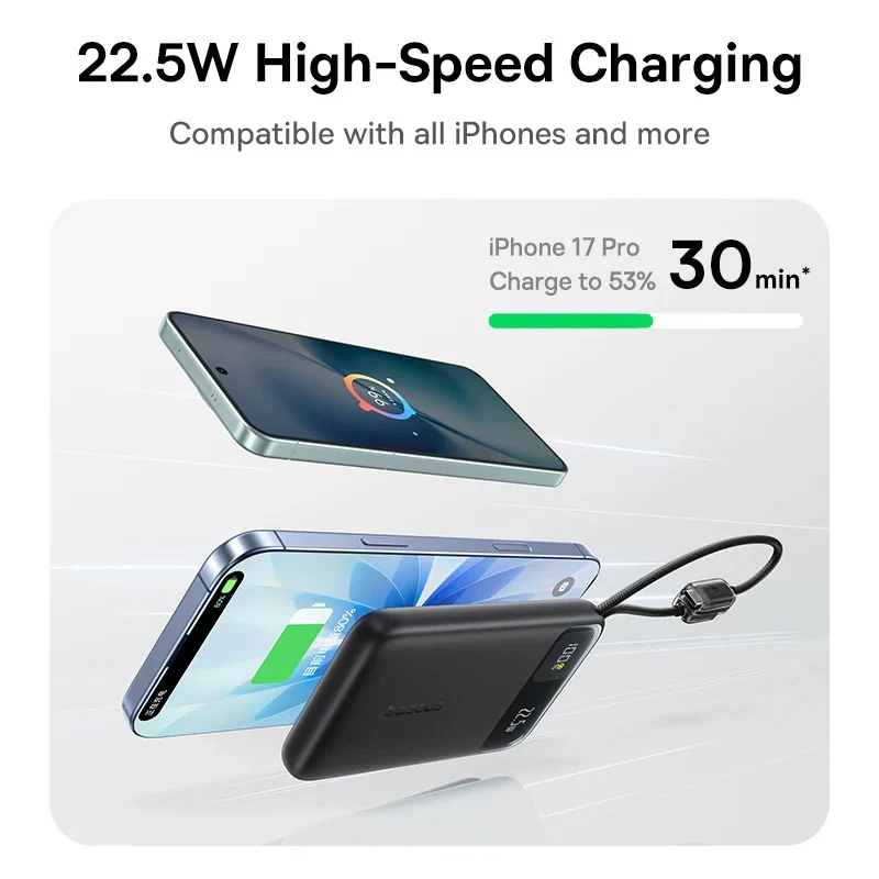 Baseus EnerFill FC11 Digital Display Power Bank with Dual Built-In USB-C Cables 10000mAh 22.5W (Cosmic Black, Beige, Galaxy Blue, Baby Pink) - Image 7