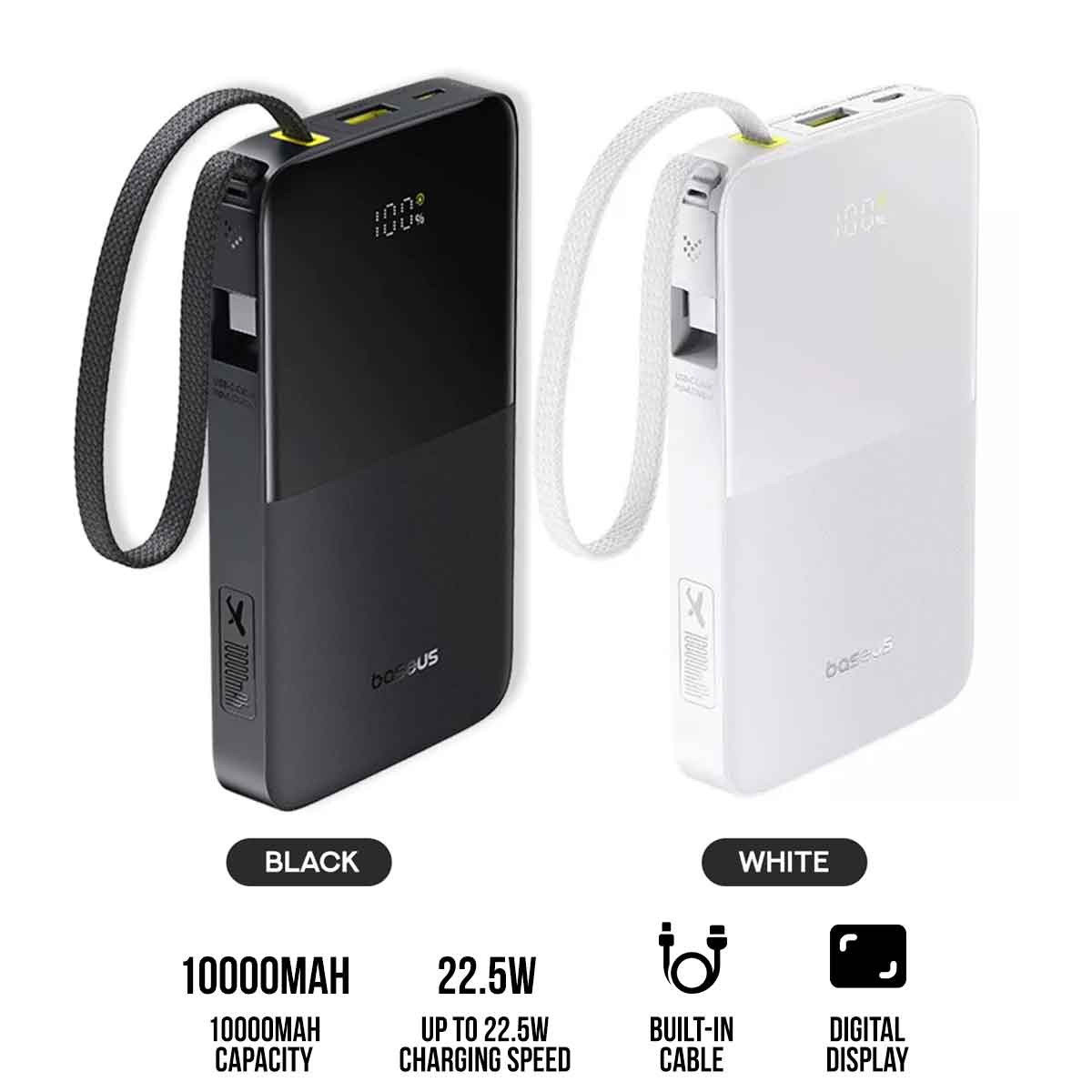 Baseus EnerFill FC51 Bipow 2 Pro Digital Display Power Bank with Built-in Cable 10000mAh 22.5W (Cosmic Black, Moon White)
