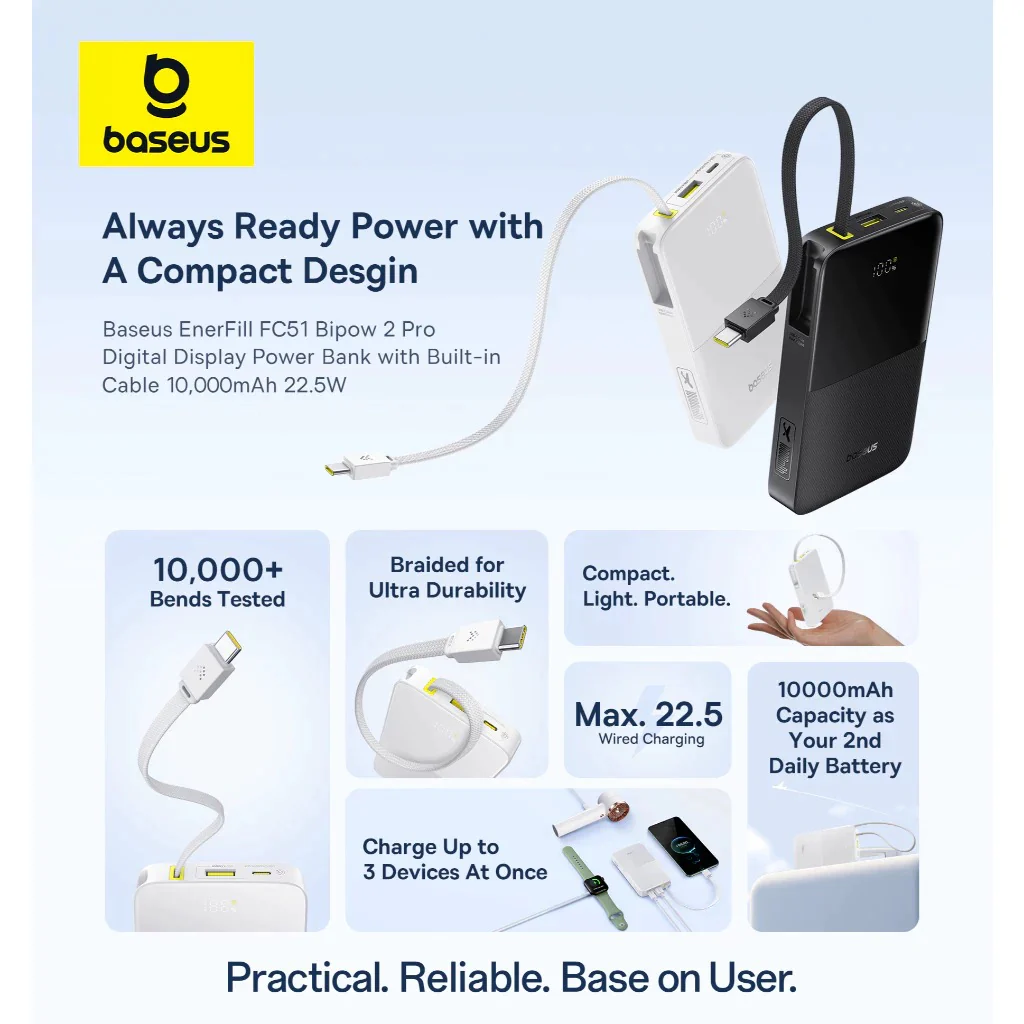 Baseus EnerFill FC51 Bipow 2 Pro Digital Display Power Bank with Built-in Cable 10000mAh 22.5W (Cosmic Black, Moon White) - Image 4