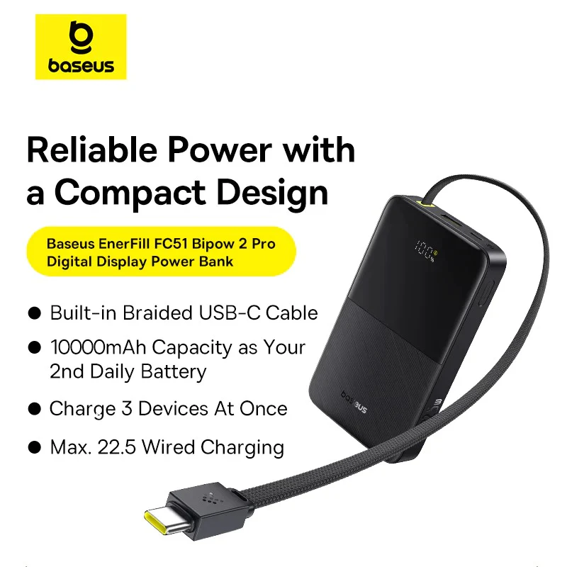 Baseus EnerFill FC51 Bipow 2 Pro Digital Display Power Bank with Built-in Cable 10000mAh 22.5W (Cosmic Black, Moon White) - Image 5