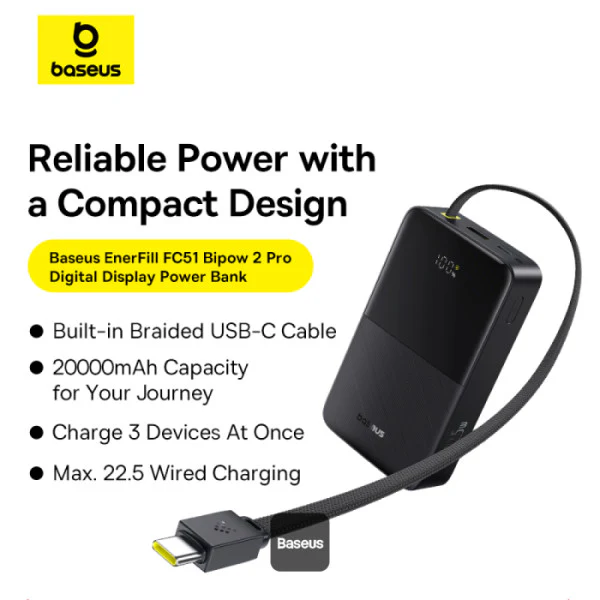 Baseus EnerFill FC51 Bipow 2 Pro Digital Display Power Bank with Built-in Cable 20000mAh 22.5W (Cosmic Black, Moon White) (A0027701, E0027700) - Image 2