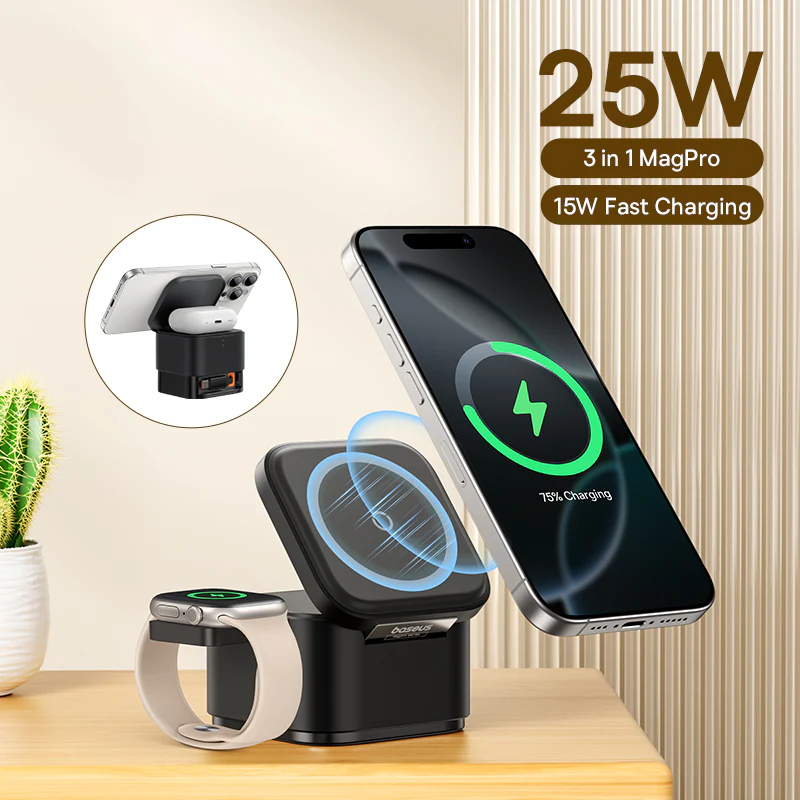 Baseus MagPro 3-in-1 Magnetic Wireless Charger Includes MagPro Magnetic Wireless Charger for E-Watch 25W (Cosmic Black) (P10264100123-01) - Image 4