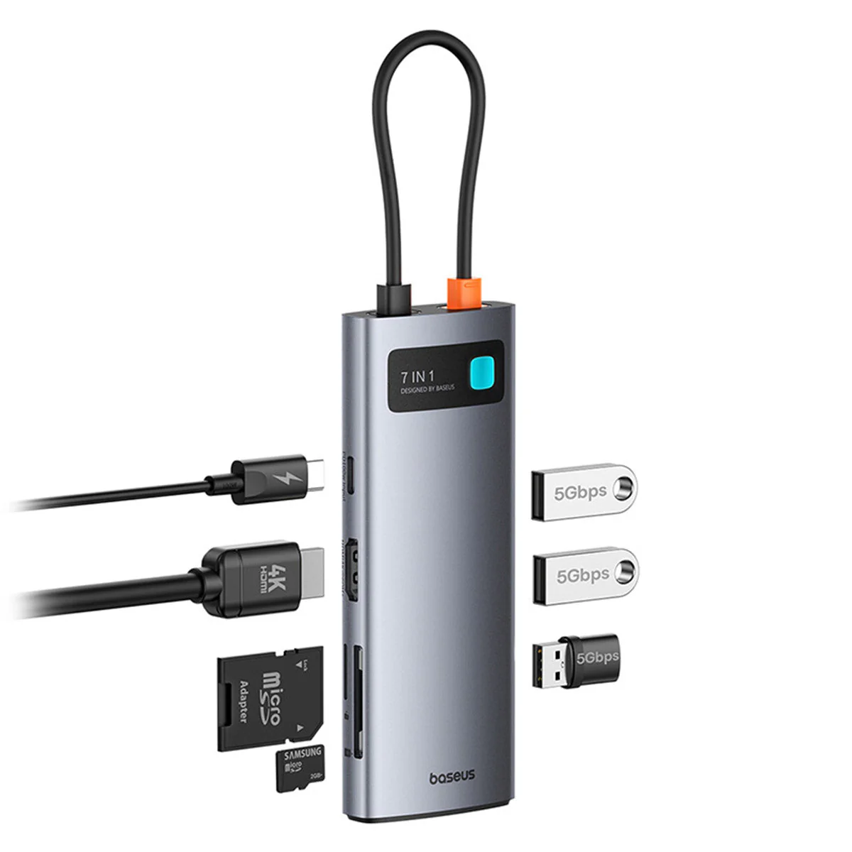 Baseus Metal Gleam Series 7-Port Hub USB-C to HDMI 4K@60Hz + 3xUSB 3.0 + PD + SD/TF (Space Grey) (B00030708811-00) - Image 6