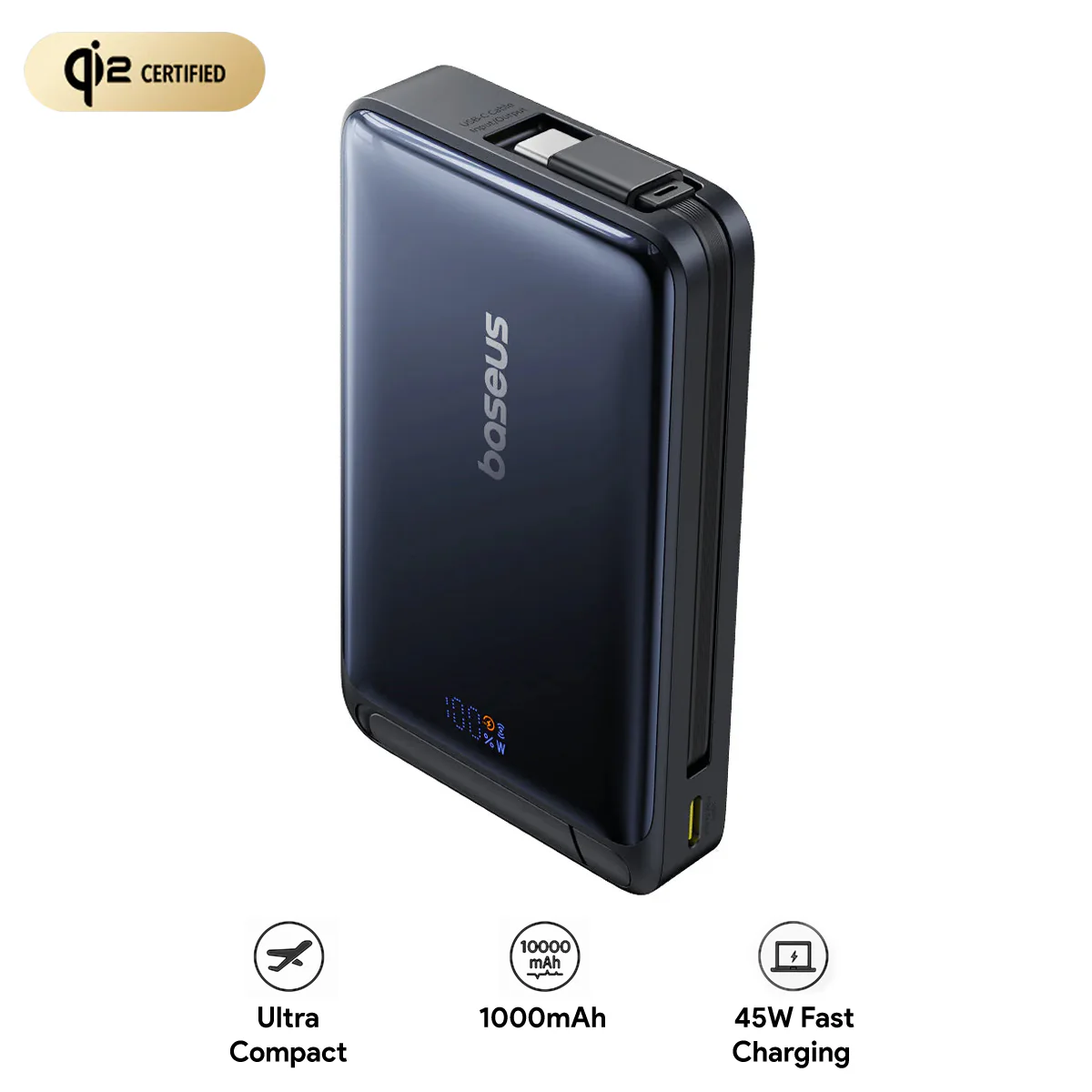 Baseus Nomos Qi2 Magnetic Power Bank 10000mAh 45W with Built-in USB-C Cable & Kickstand (Black) (P10078800123-00)