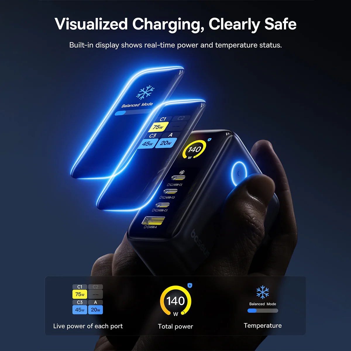 Baseus PicoGo AH11 Digital Display Fast Charger 3C+U 140W includes Dura Fast Charging Cable USB-C to USB-C 240W 1.5m (Cosmic Black) (E0122400) - Image 3