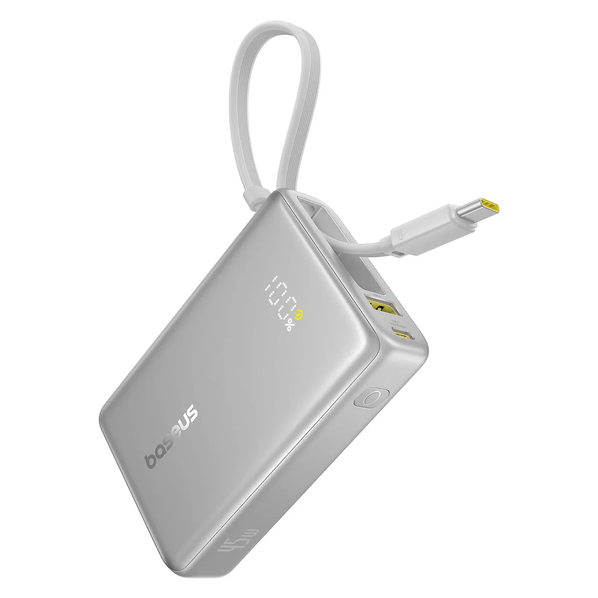 Baseus PicoGo Digital Display Power Bank 10000mAh 45W with Built-in USB-C Cable (Galaxy Natural Titanium, Moon White) - Image 2