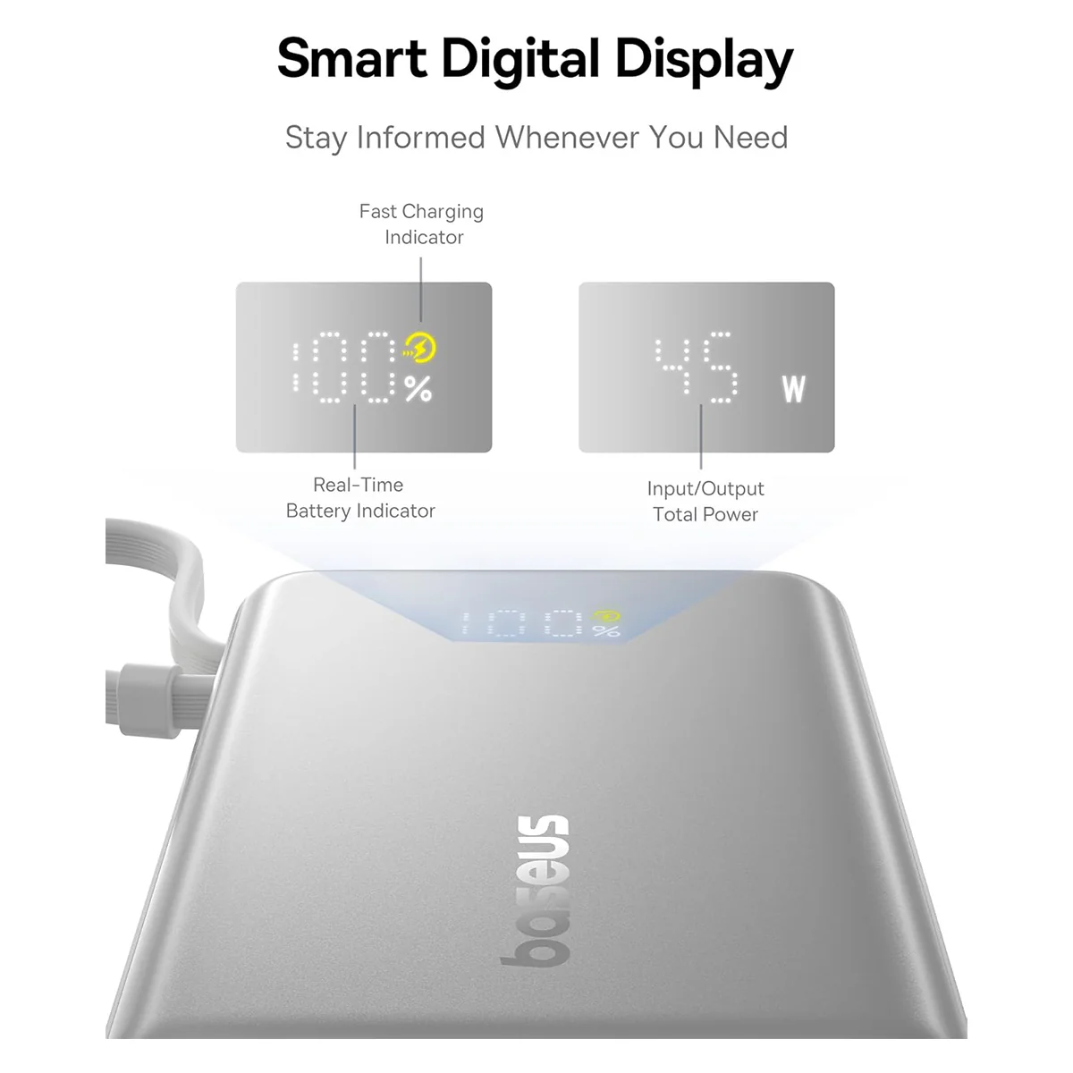 Baseus PicoGo Digital Display Power Bank 10000mAh 45W with Built-in USB-C Cable (Galaxy Natural Titanium, Moon White) - Image 3