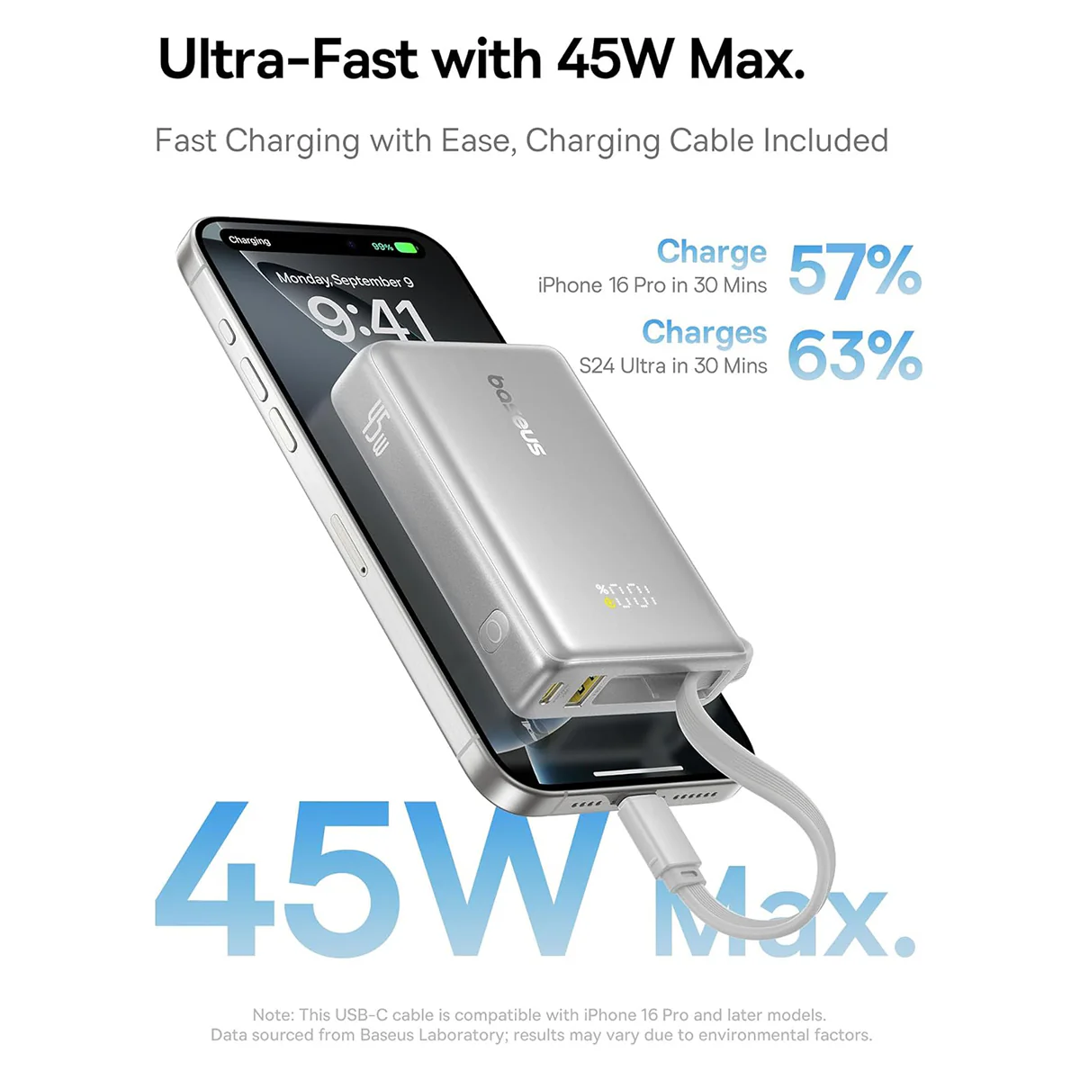 Baseus PicoGo Digital Display Power Bank 10000mAh 45W with Built-in USB-C Cable (Galaxy Natural Titanium, Moon White) - Image 5