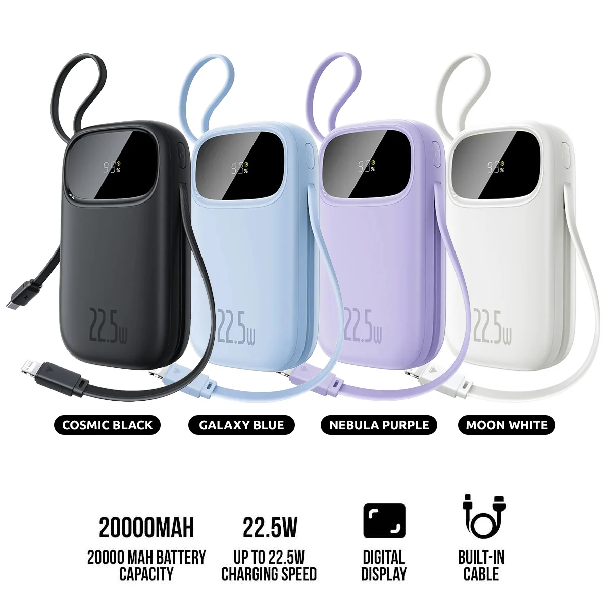 Baseus QPow 3 Digital Display Fast-Charging Power Bank with Built-in USB-C + iP Cable 20000mAh 22.5W (Comic Black, Galaxy Blue, Nebula Purple, Moon White)