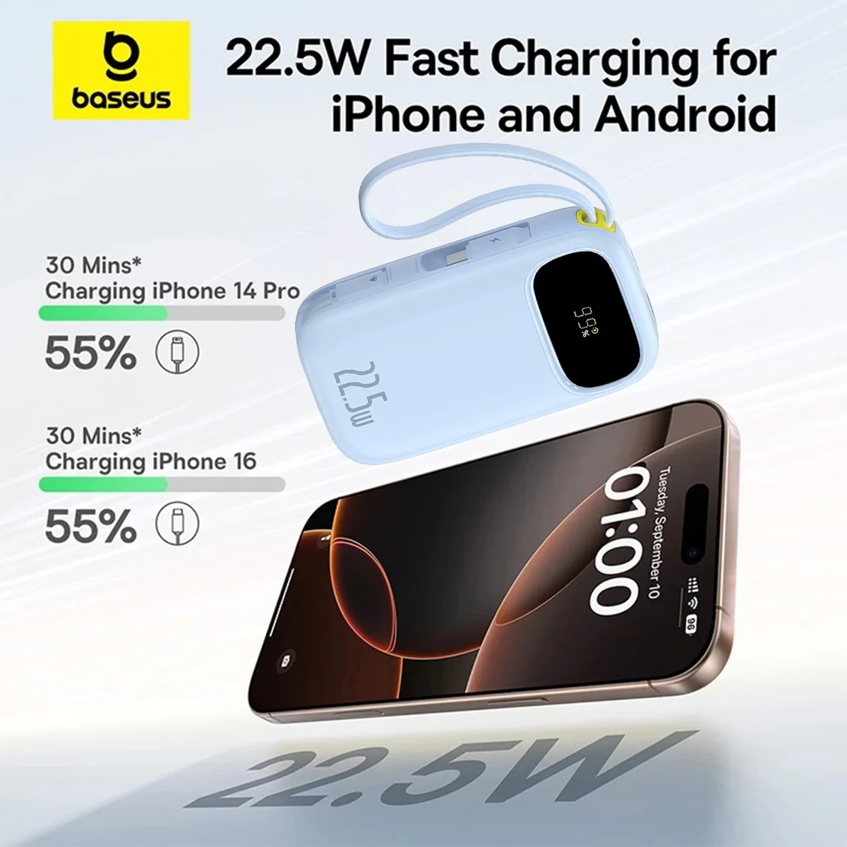 Baseus QPow 3 Digital Display Fast-Charging Power Bank with Built-in USB-C + iP Cable 20000mAh 22.5W (Comic Black, Galaxy Blue, Nebula Purple, Moon White) - Image 3