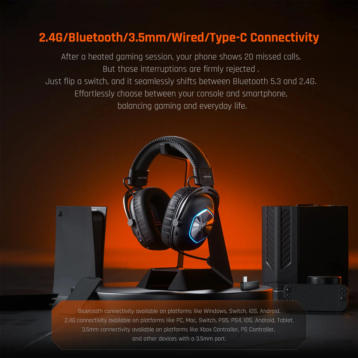 Bigbig Won Halo Pro Tri-Mode Gaming Headset for PS5 / PS4 / XboxOne / Xbox Series / Switch / PC / Android / iOS (Black) - Image 3