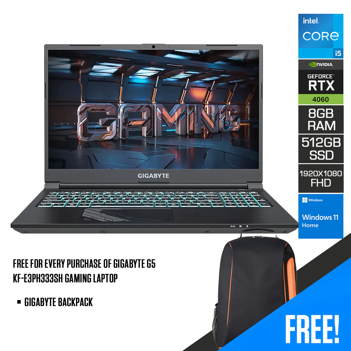 Gigabyte G5 KF-E3PH333SH Gaming Laptop | 15.6” FHD (1920 x 1080) | i5-12500H | 8GB RAM | 512GB SSD | RTX 4060 | Windows 11 Home | Gigabyte Backpack - Image 2