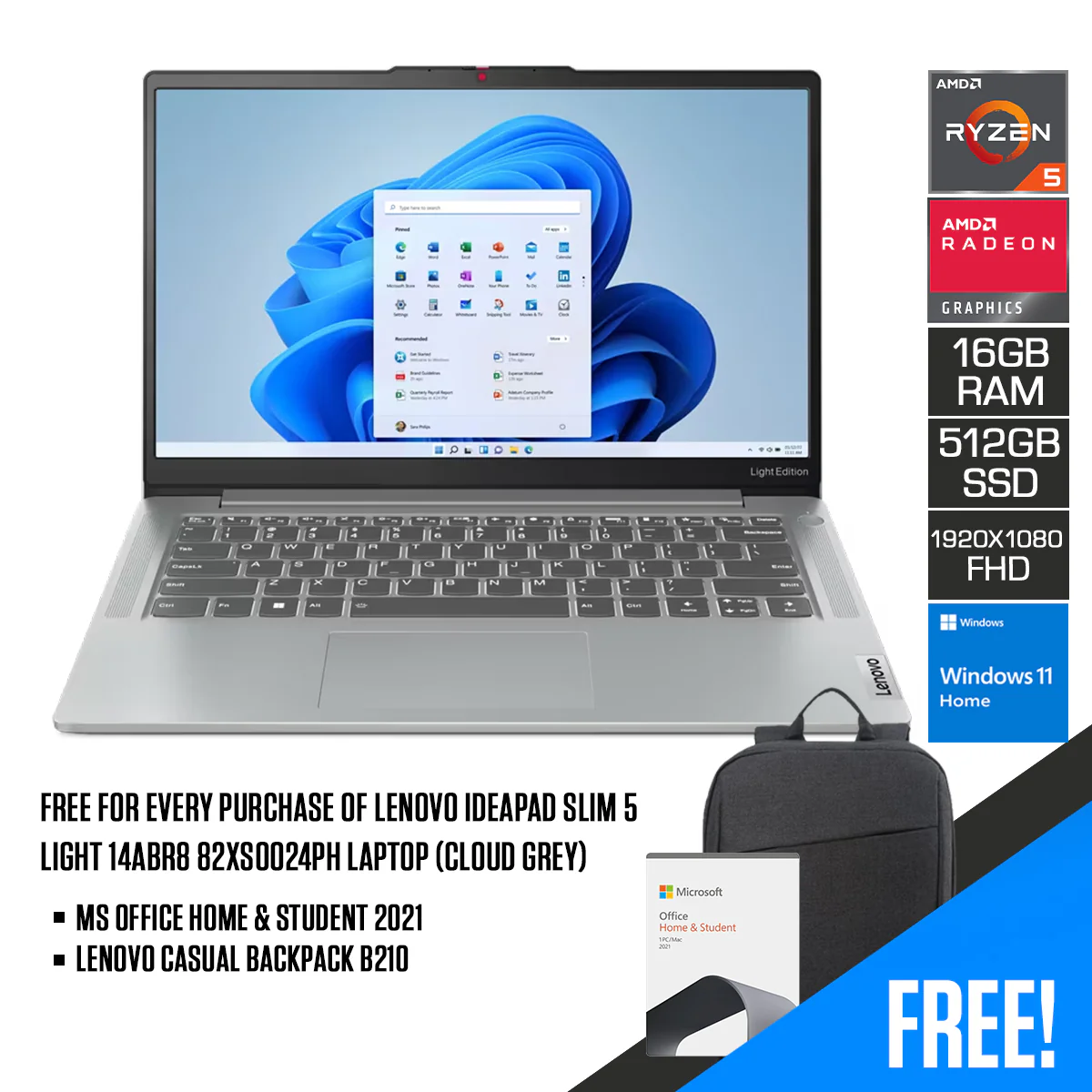 Lenovo Ideapad Slim 5 Light 14ABR8 82XS0024PH Laptop (Cloud Grey) | 14" FHD (1920x1080) | Ryzen 5 7530U | 16GB RAM | 512GB SSD | AMD Radeon Graphics | Windows 11 Home | MS Office Home & Student 2021 | Lenovo Casual Backpack B210
