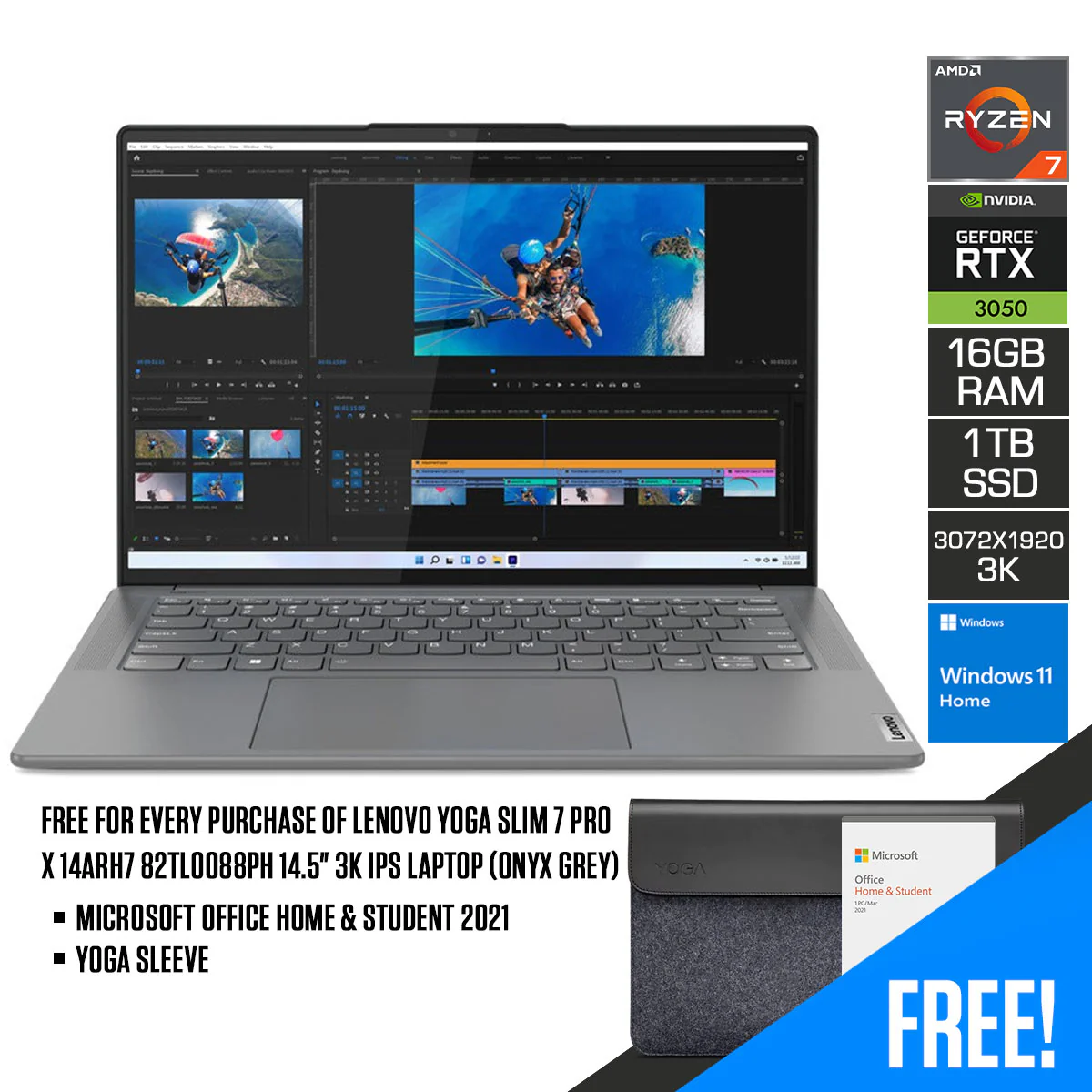 Lenovo Yoga Slim 7 Pro X 14ARH7 82TL0088PH 14.5" 3K IPS Laptop (Onyx Grey) | 14.5" (3072x1920) | Ryzen 7 6800HS | 16GB RAM | 1TB SSD | RTX 3050 | Windows 11 Home | MS Office Home & Student 2021 | Yoga Sleeve - Image 18