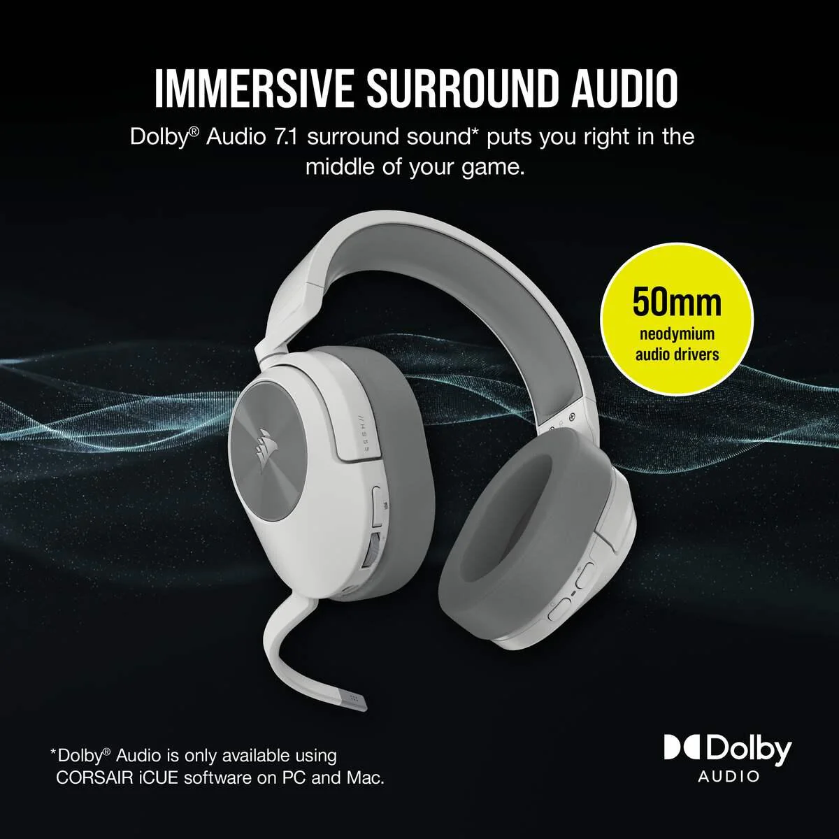 Corsair HS55 Wireless 2.4GHZ/BT 5.2/Dolby Audio 7.1 Lightweight Gaming Headset For PC/ Mac/ PS4/ PS5 (White) - Image 7