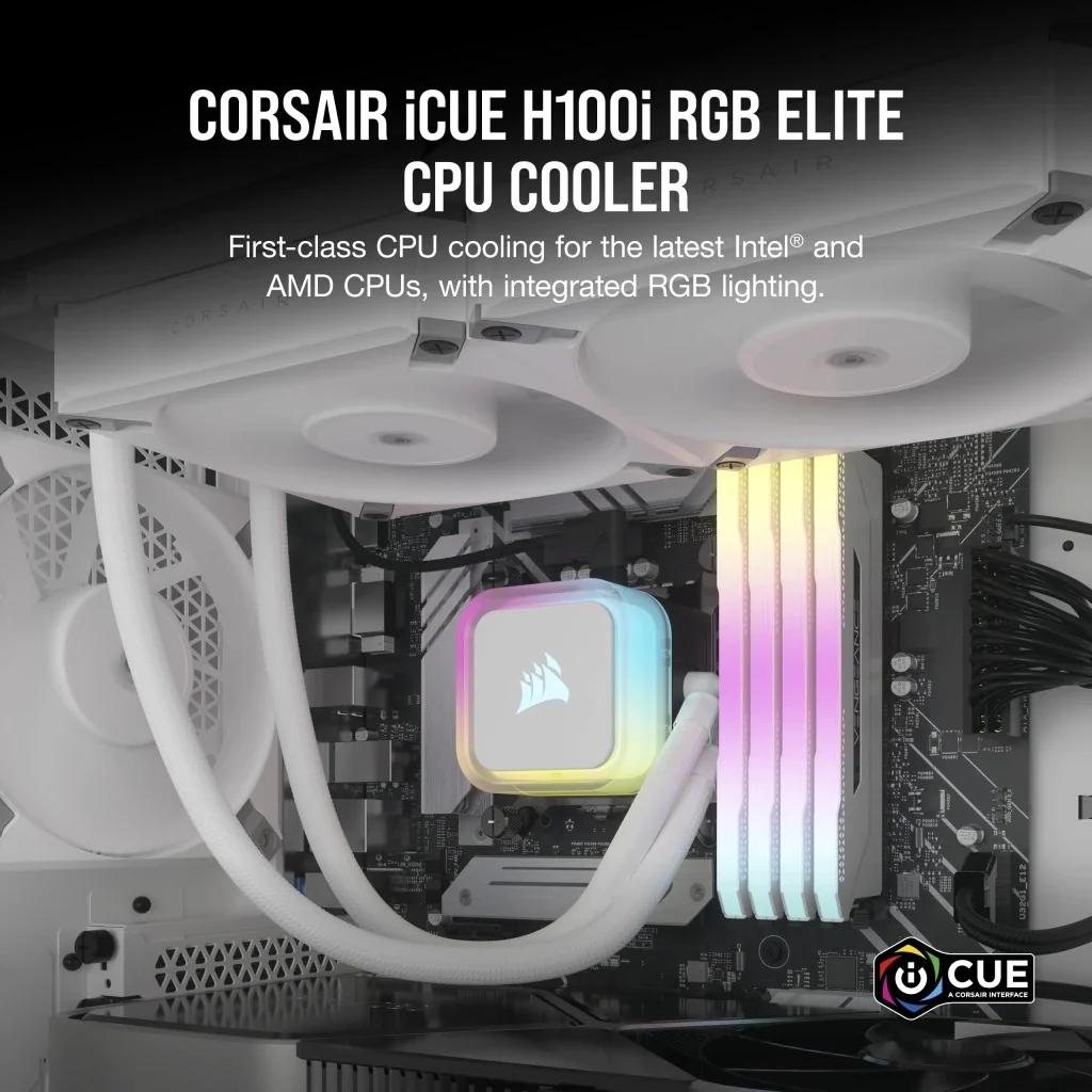 Corsair iCUE H100i RGB Elite 240mm Liquid CPU Cooler (White) - Image 6